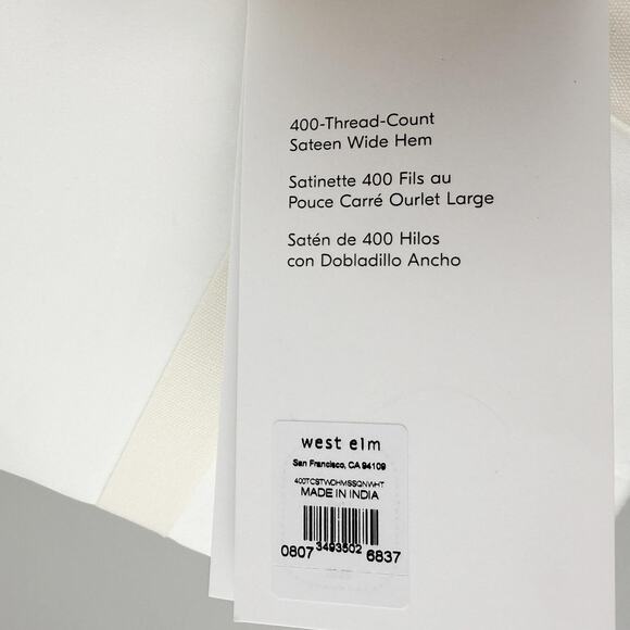 West Elm 400 Thread Count Sateen Sheet Set Queen White Cotton Wide Hem NWT - Picture 4 of 9